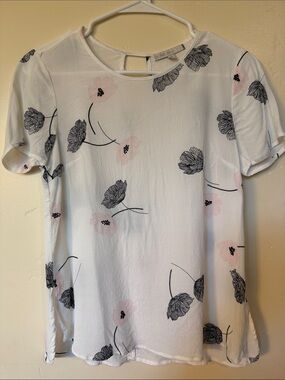 a new day White Floral Short Sleeve Blouse with Pink & Black Flowers
